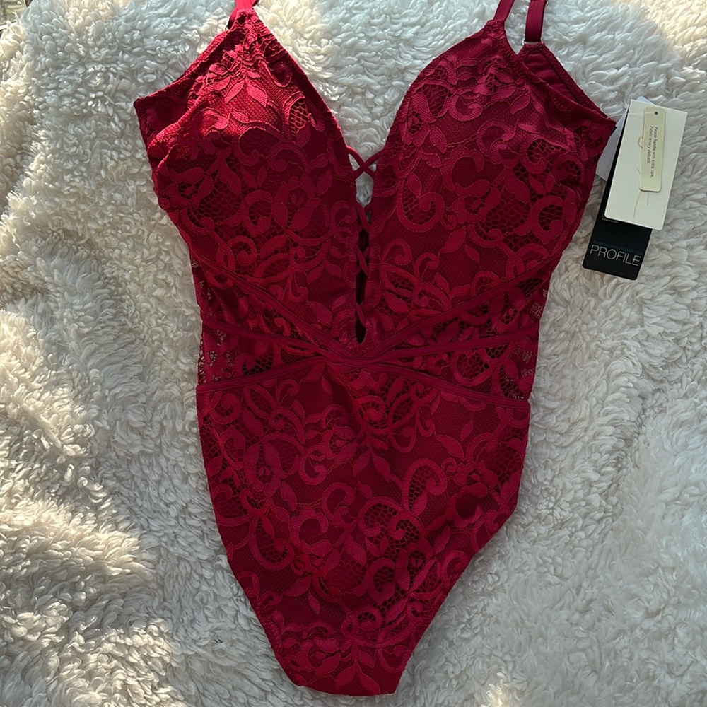 Elegant Lace Crimson Red Swimsuit